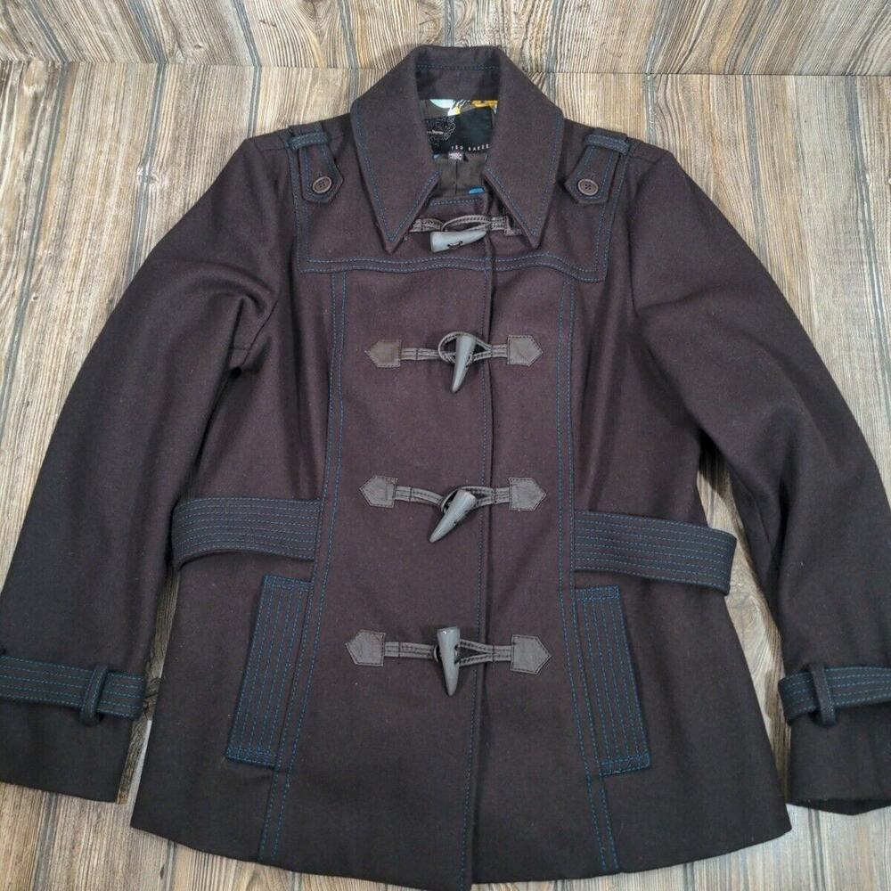 Ted‎ Baker Duffle Toggle Pea Coat Dark Brown Sarra Wool Jacket Women Sm Designer